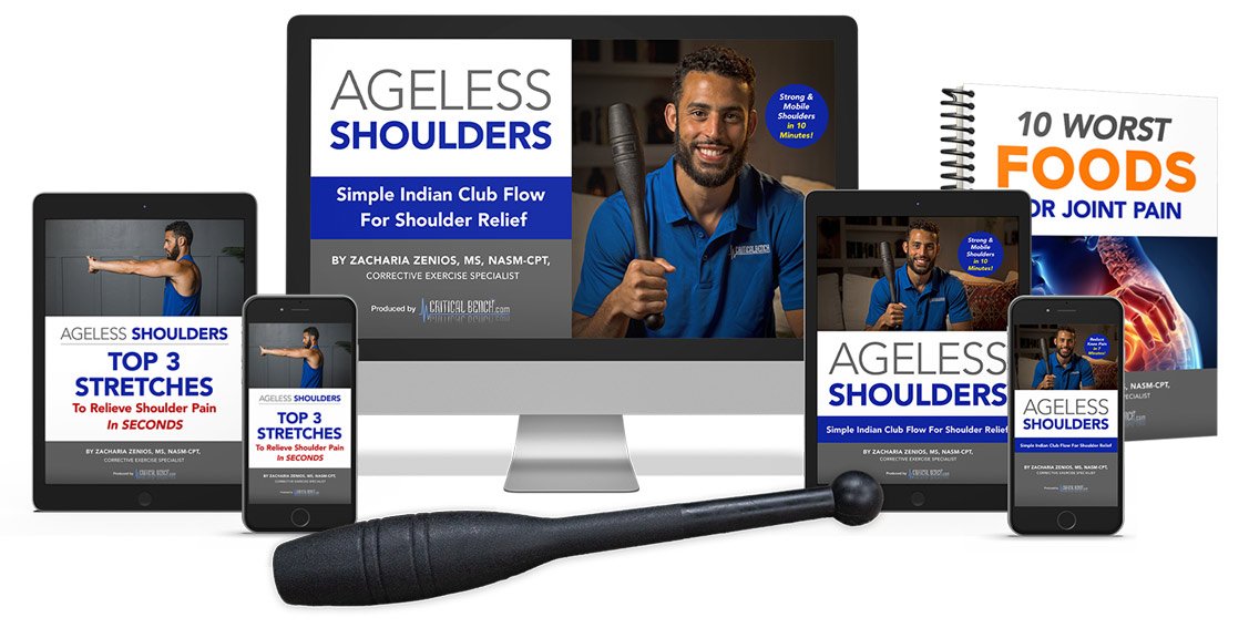 Ageless Shoulders system kit with Indian club and program guide by Zach Zenios